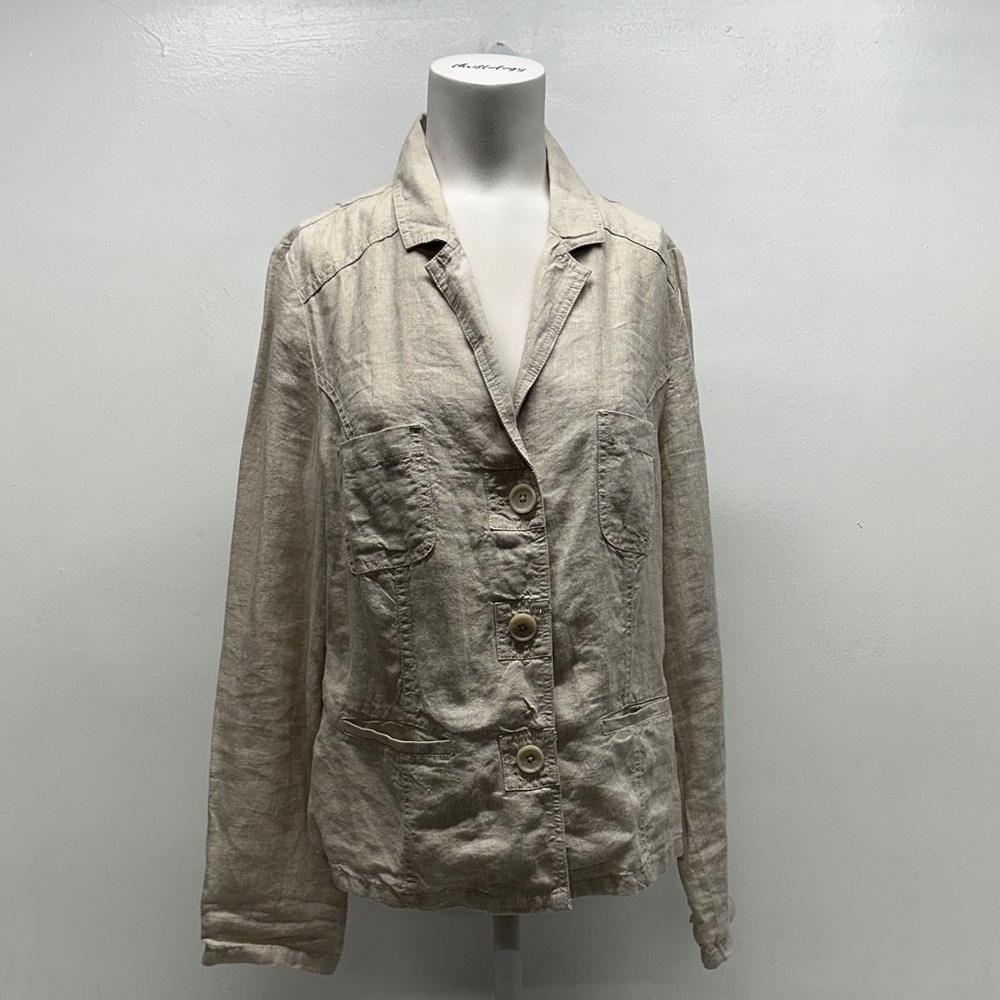 Chicos 100% Linen Blazer Jacket Button Front Long Sleeve Lightweight Tan Medium